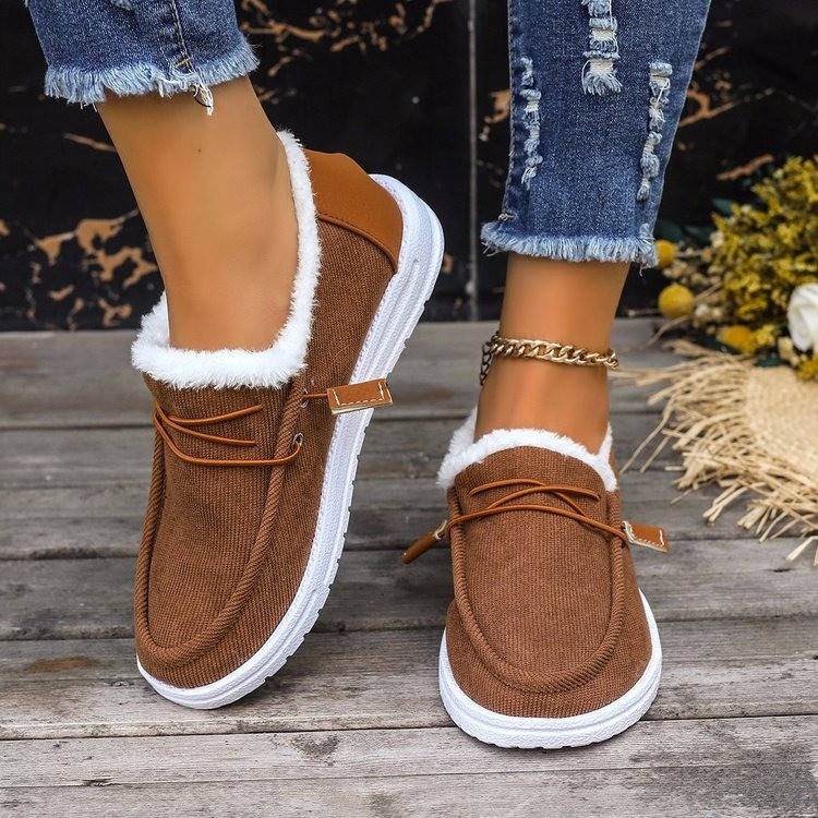 欧美毛口系带低帮加绒棉鞋女跨境大码保暖平底布面雪地靴wish