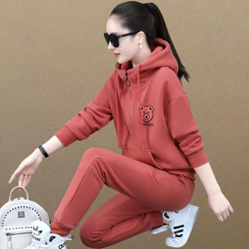加绒加厚运动套装女秋冬装2022新款连帽套头卫衣休闲服两件套洋气