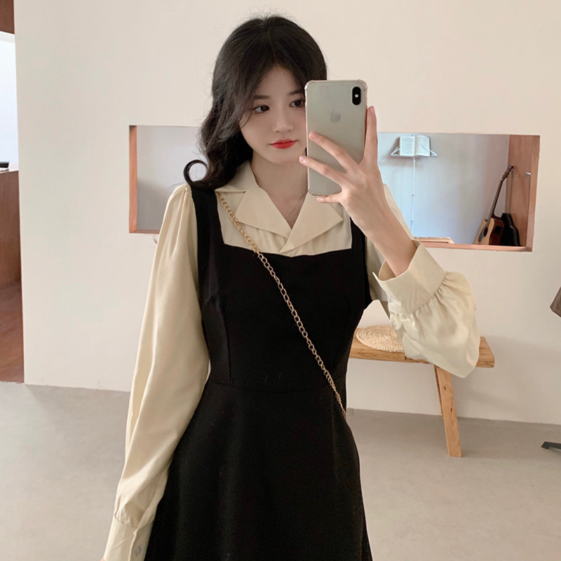 2022秋季穿搭新款长袖连衣裙女拼接假两件简约女学生法式小众裙子