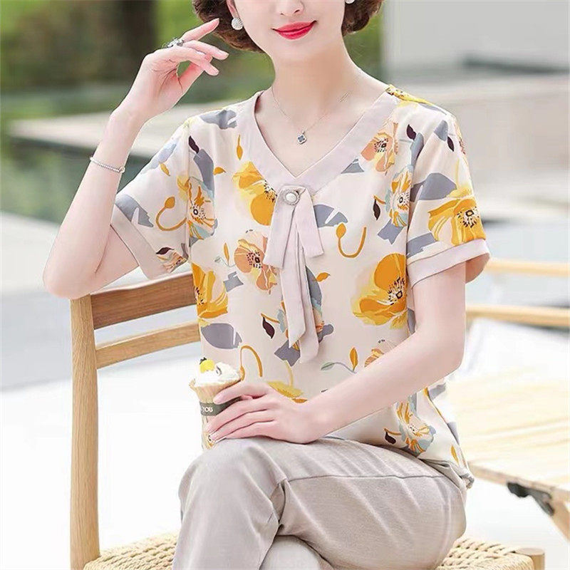 妈妈夏装时尚短袖上衣2023新款中老年减龄女人夏天洋气雪纺衫t恤