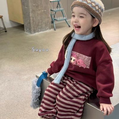 女童冬季套装2025新款中小童时髦加绒加厚卫衣条纹保暖卫裤两件套