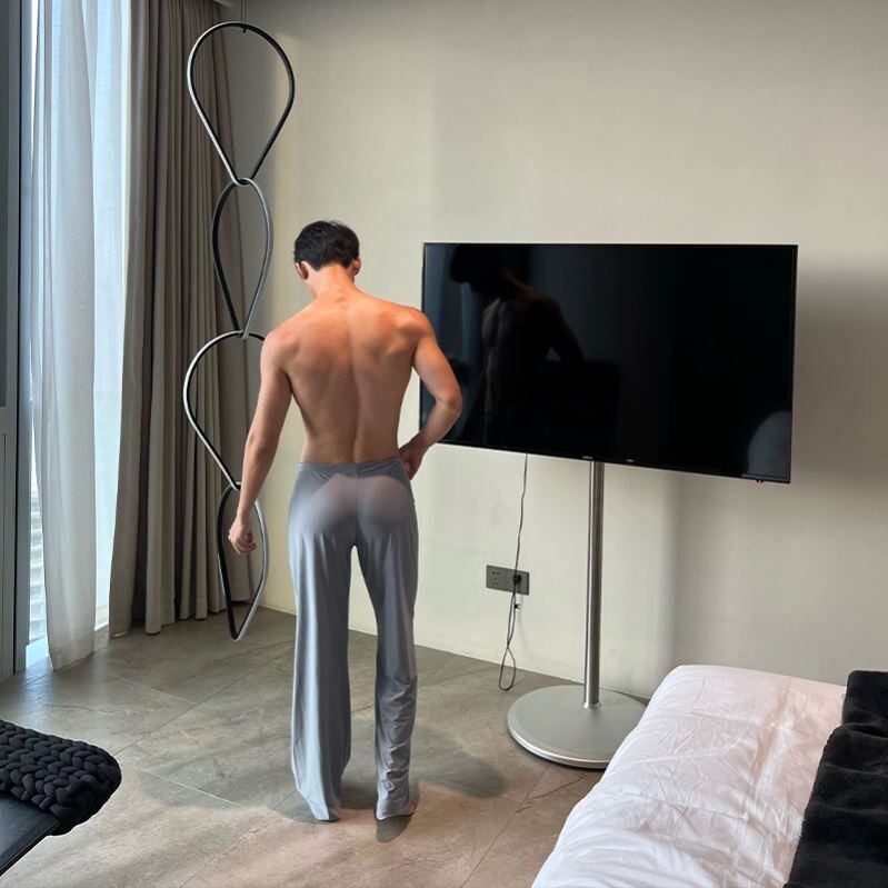 显翘臀冰丝家居裤健身裤睡裤瑜伽裤垂坠弹力男士宽松长裤性感外穿