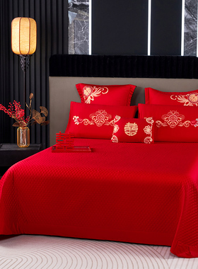 婚庆大红色120s长绒棉纯棉单件夹棉床盖三件套四季通用全棉床单