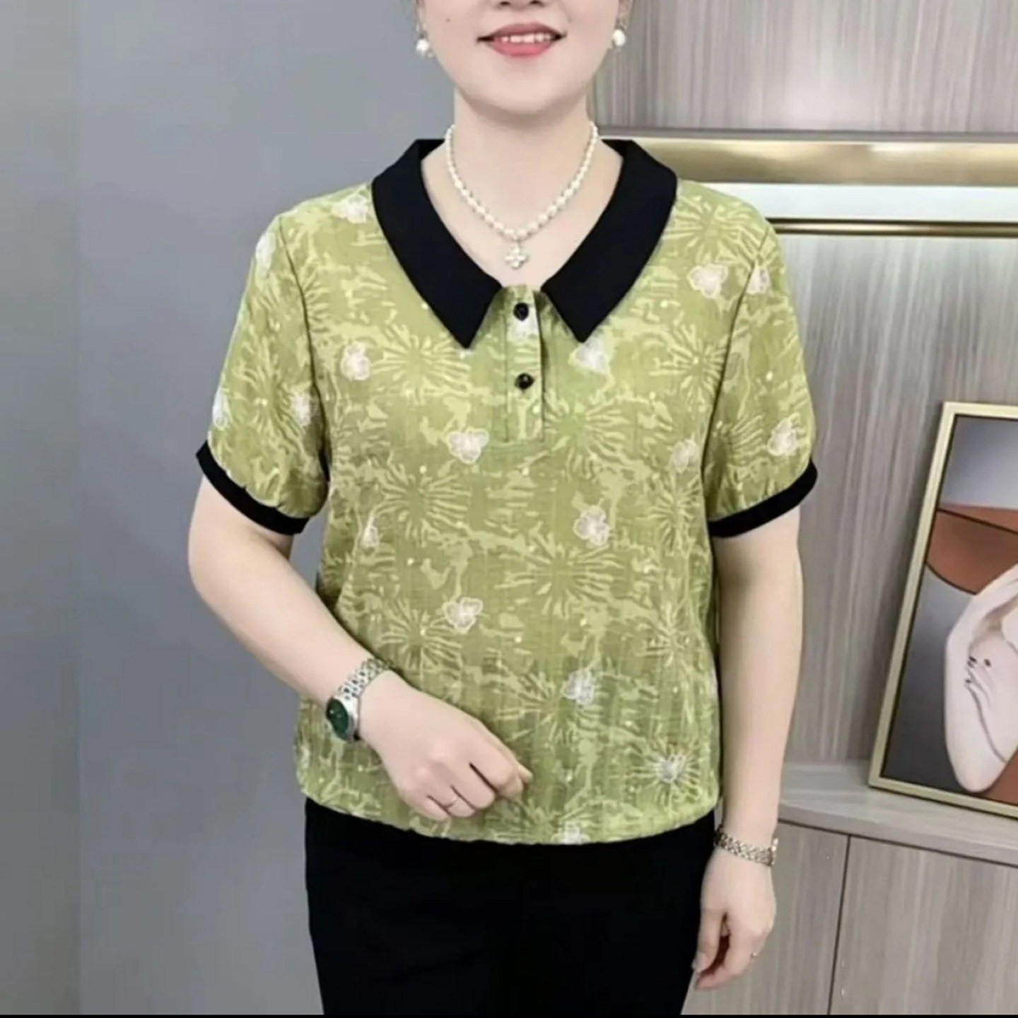 速达精选女装时尚娃娃领撞色短袖夏季女士印花减龄T恤妈妈装上a9