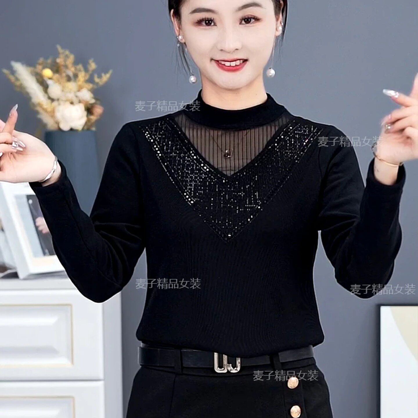 澜袖甄选女装2025秋冬半高领烫钻打底衫百搭中年显瘦遮肉长袖a12