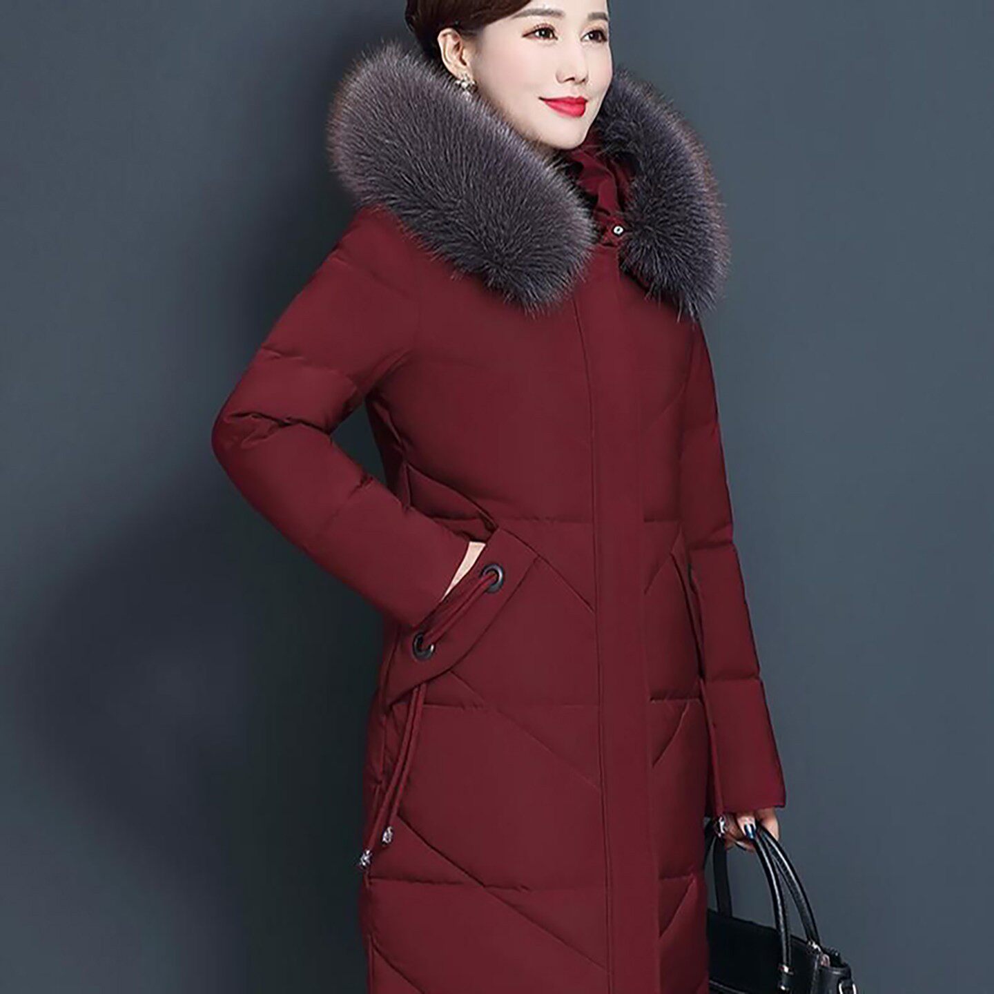 欧关百货女装韩版加厚毛领棉服秋冬女士中长款棉衣中老年宽松棉袄