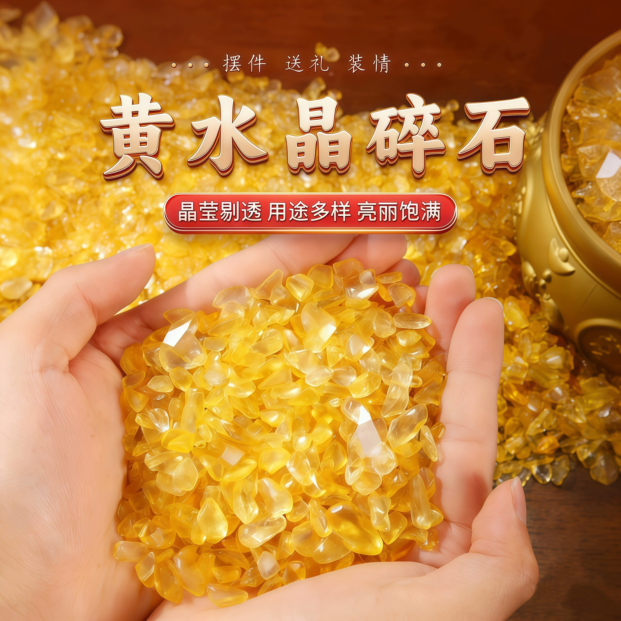 黄水晶碎石家居装饰品摆件琉璃水晶小元宝碎石聚宝盆招财装饰乔迁