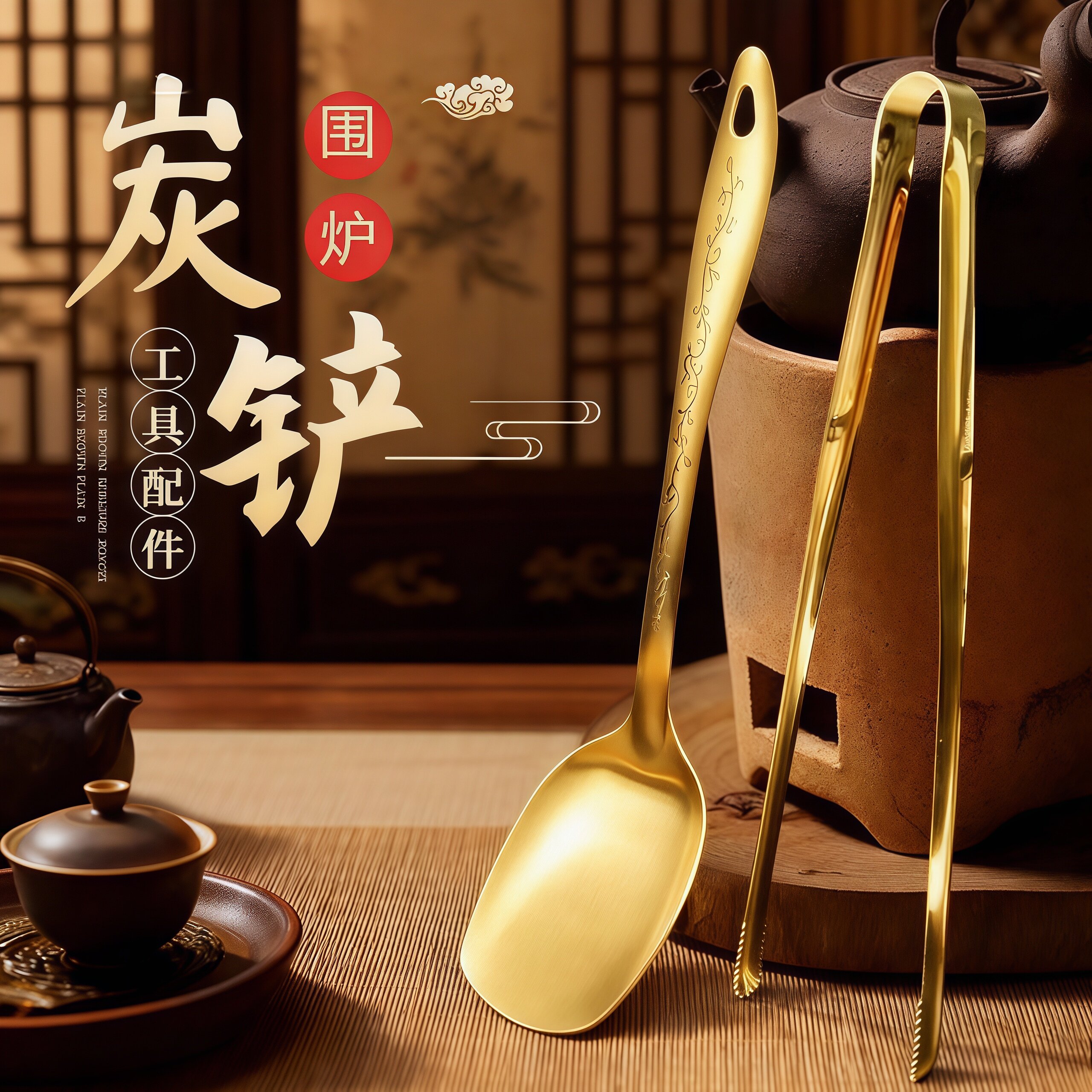 围炉煮茶炭铲炭夹子不锈钢炭炉网铜炭炉工具配件全套网红茶炉木炭
