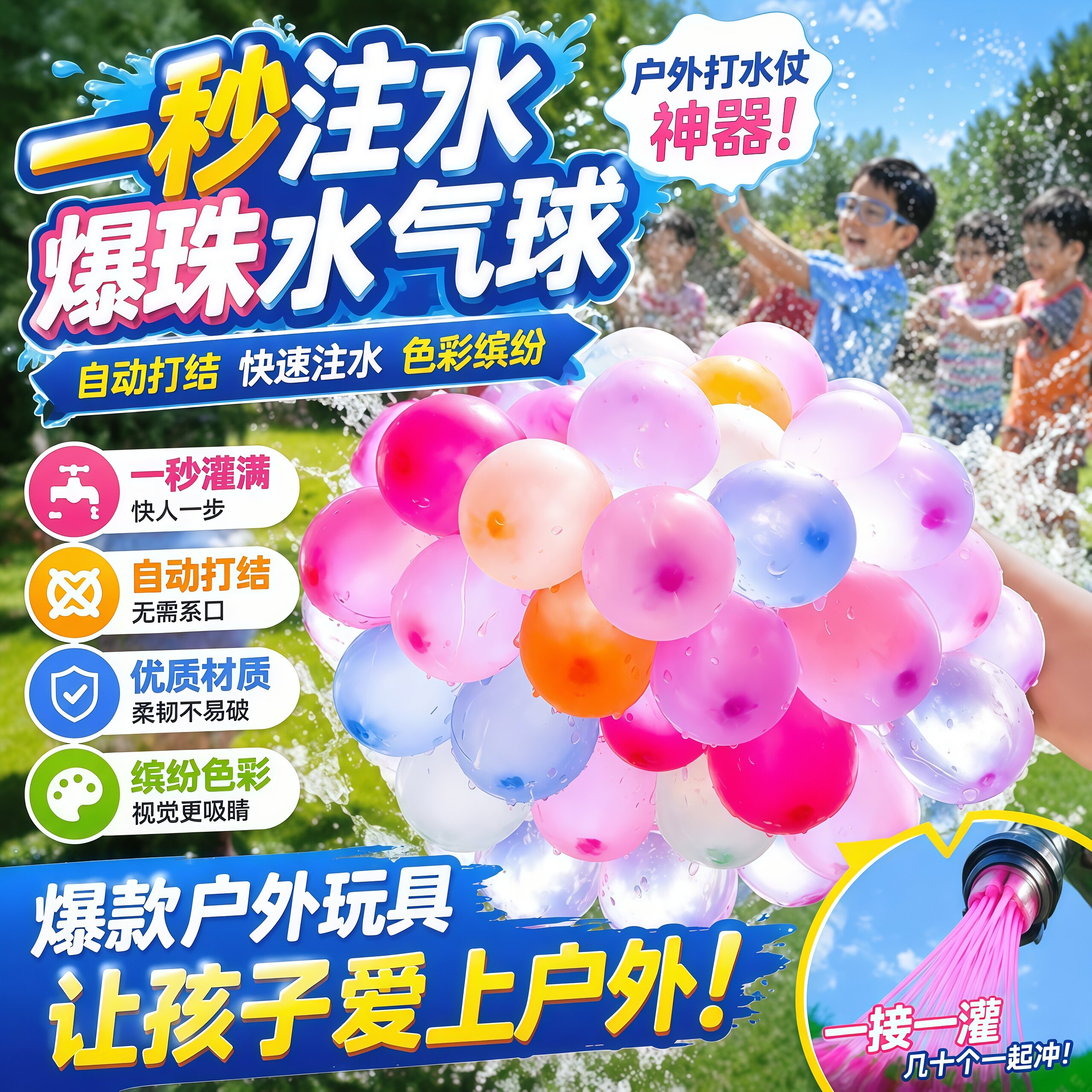 水气球儿童快速灌注充水漂流打水仗神器小号注水充水球自动打结