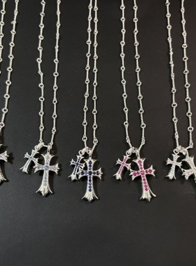 适用克罗心潮双十字架项链925银镀22K镶钻吊坠别针笑脸锁骨链跨境