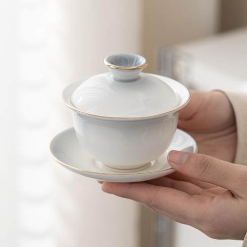 陶瓷三才盖碗带盖描金高档