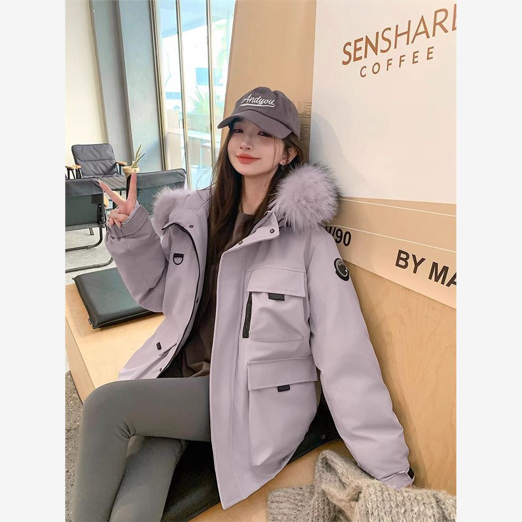 紫色工装派克羽绒棉服女短款2024新款韩版宽松大毛领加厚情侣外套