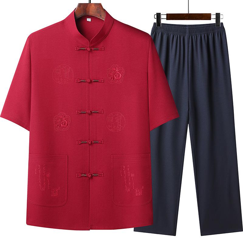中老年唐装男士爸爸夏装短袖中国风棉麻套装爷爷夏季老人薄款衬衫