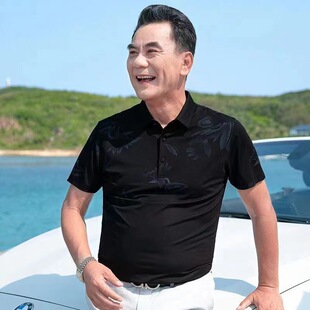 男士夏装短袖T恤爸爸棉t恤中老年男式打底衫条纹POLO衫爷爷上衣