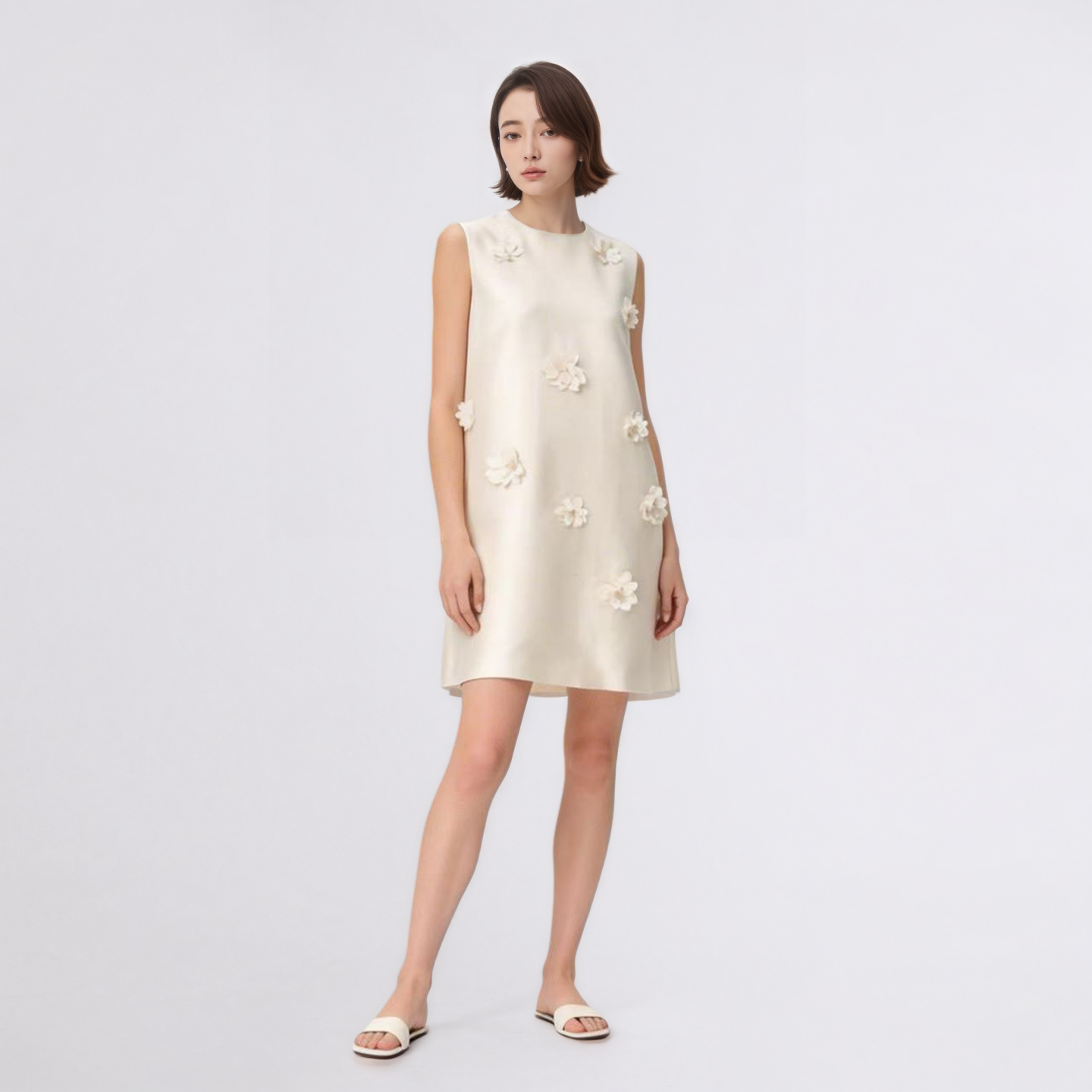 明星同款 | 白玉山茶丝毛混纺立体花朵无袖连衣裙女小白裙设计感