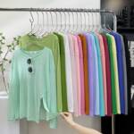 糖果色侧开叉冰丝麻长袖防晒T恤女夏薄外搭宽松慵懒空调罩衫上衣