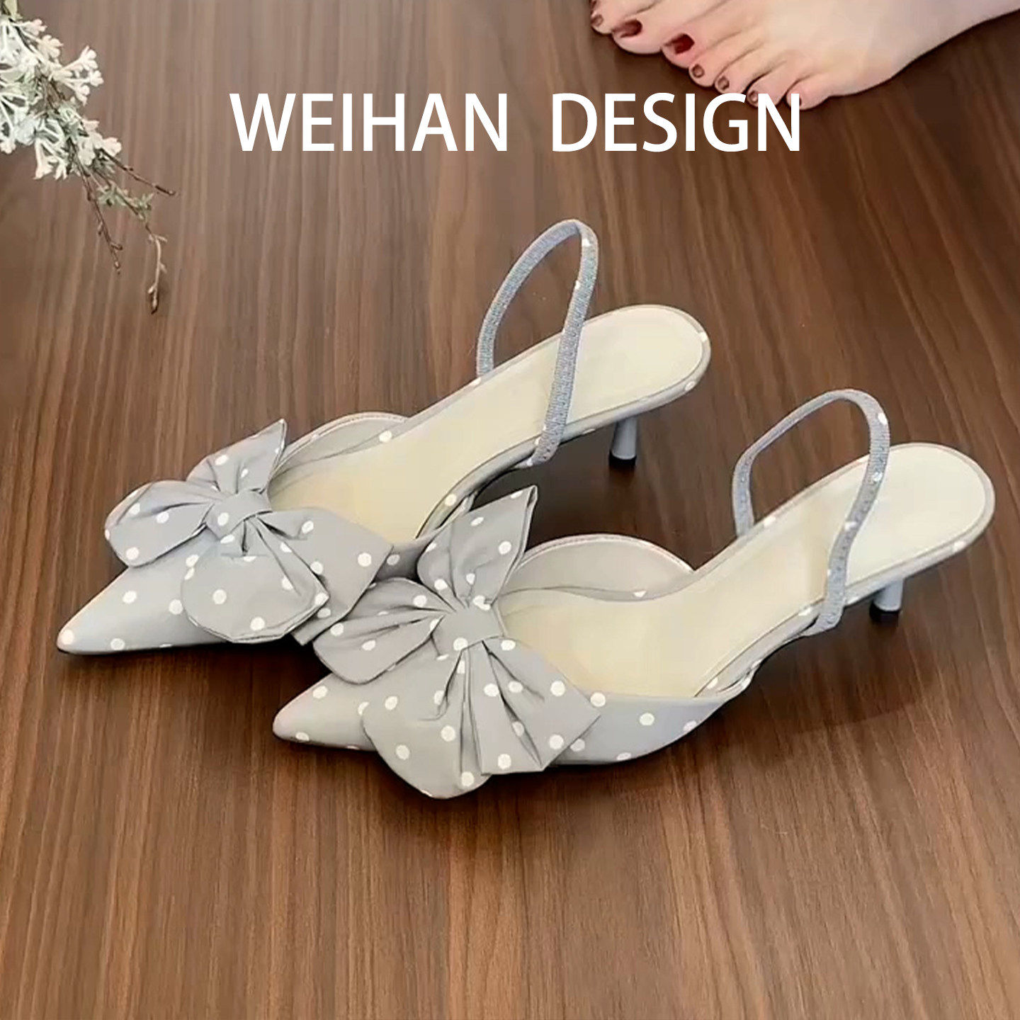 羊皮版！法式尖头波点包头凉鞋女蝴蝶结细跟半拖鞋气质甜美高跟鞋