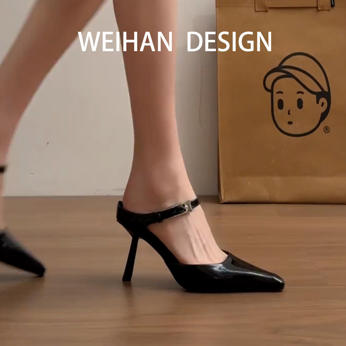 羊皮版！尖头后空细跟包头半拖鞋女欧美风黑色简约一字搭扣高跟鞋