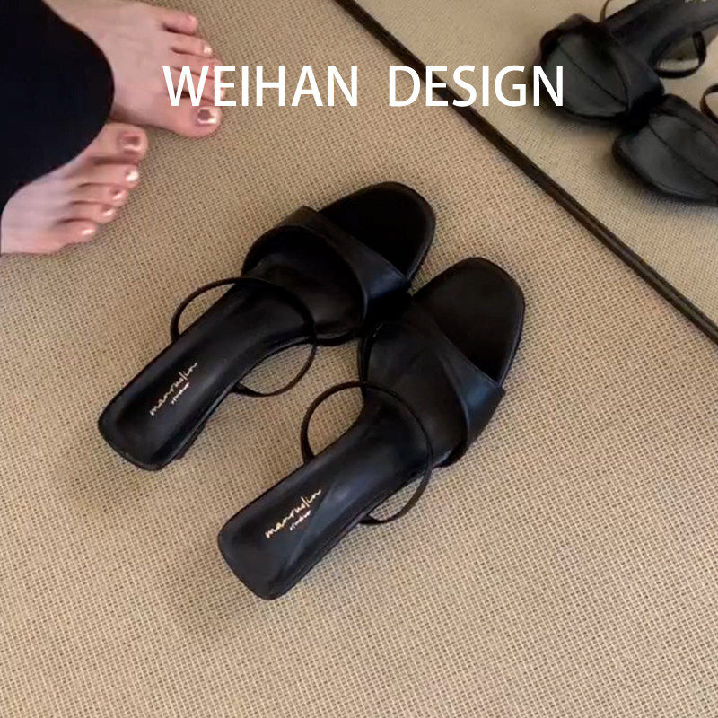 羊皮版！韩系黑色简约细带凉拖鞋女夏外穿一脚蹬轻便气质楔型凉鞋