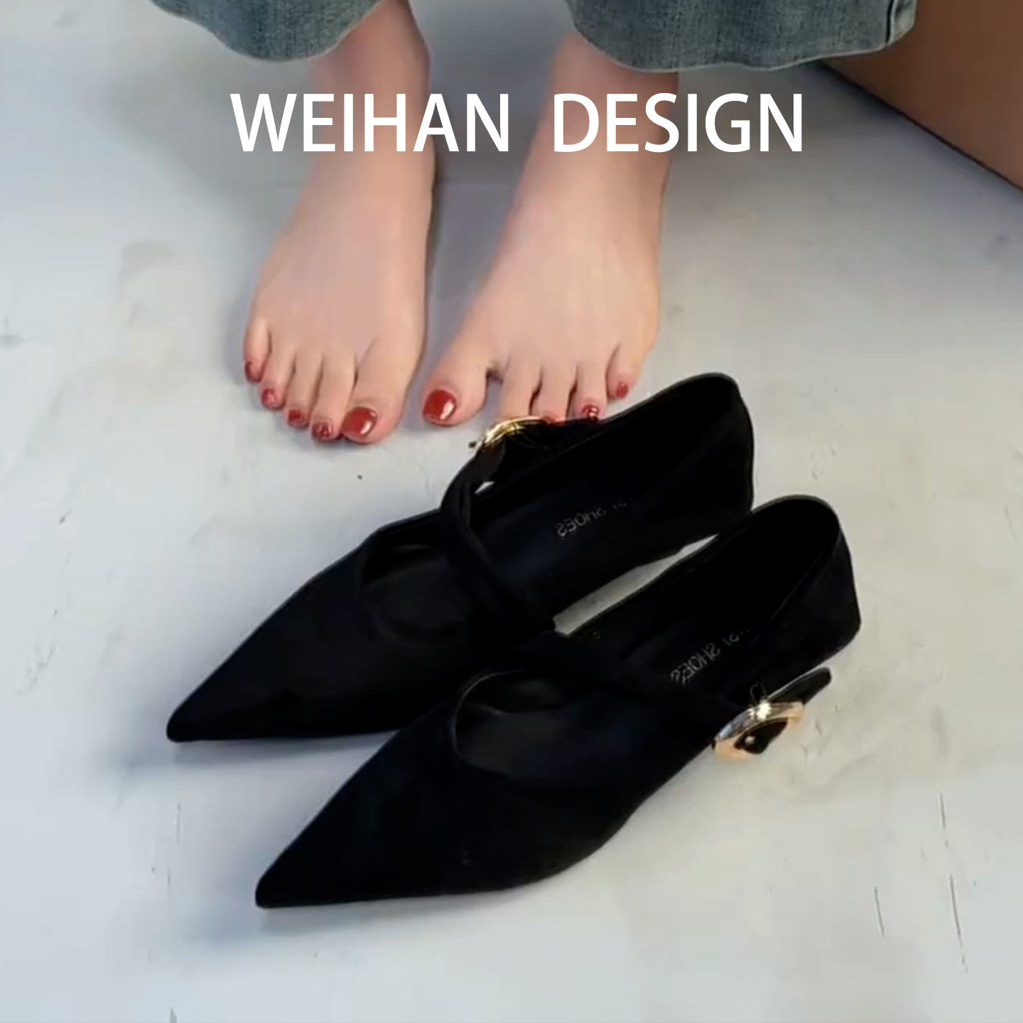 羊皮版！高级感尖头绒面单鞋女一字带高跟通勤黑色晚晚风玛丽珍鞋