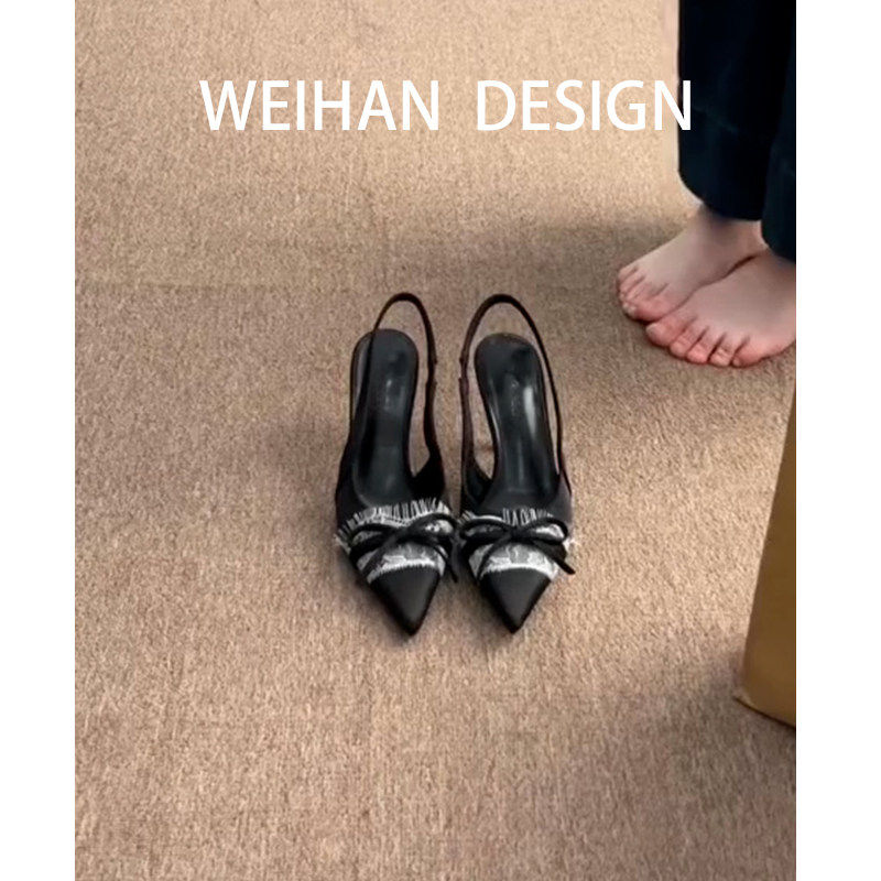 羊皮版！小众设计蝴蝶结高跟鞋女蕾丝尖头绸缎包头凉鞋一字带单鞋