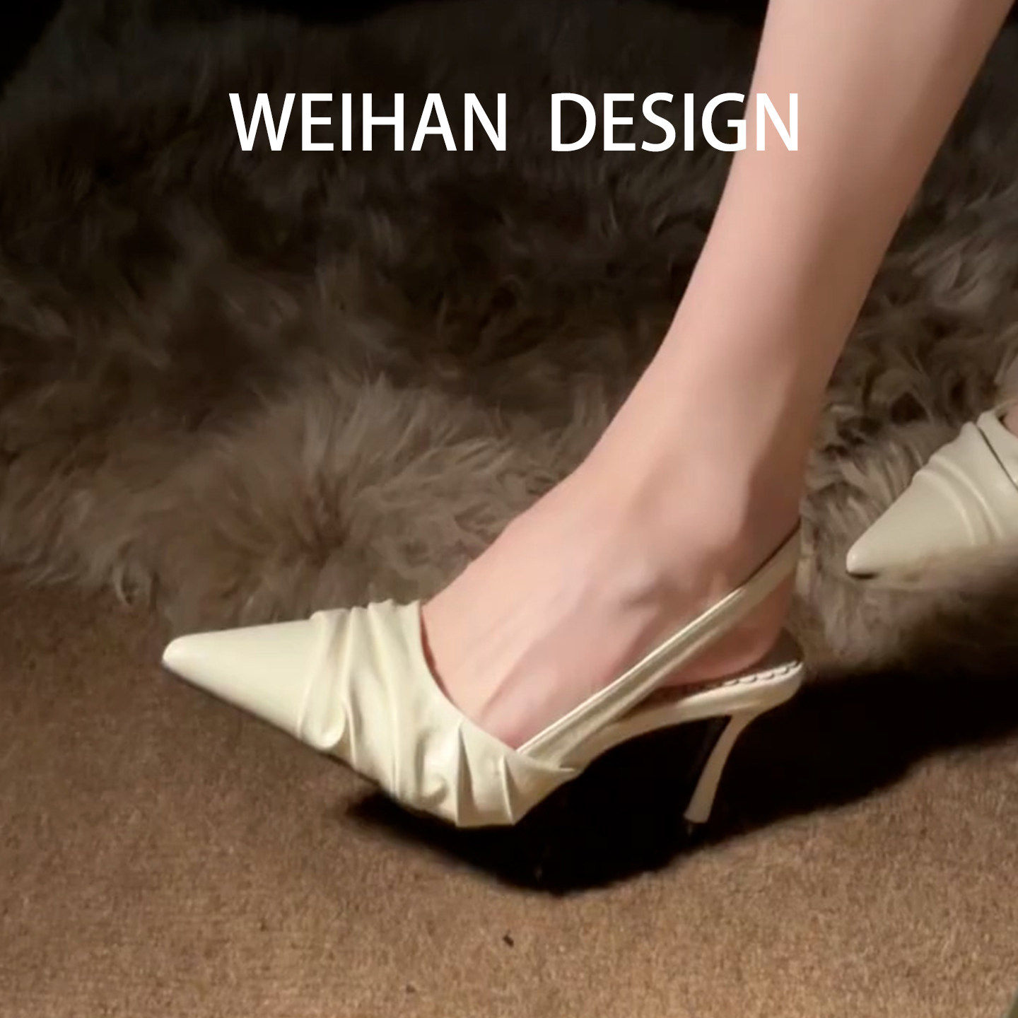羊皮版！法式白色褶皱高跟鞋女高级感细跟尖头后空单鞋配裙子凉鞋