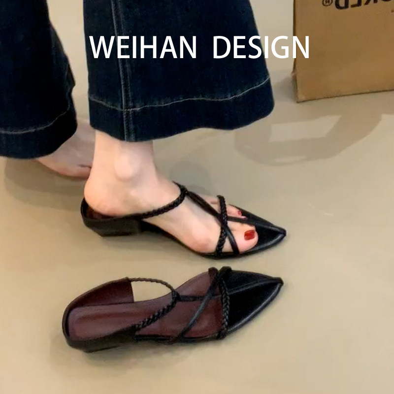 羊皮版！黑色编织细带尖