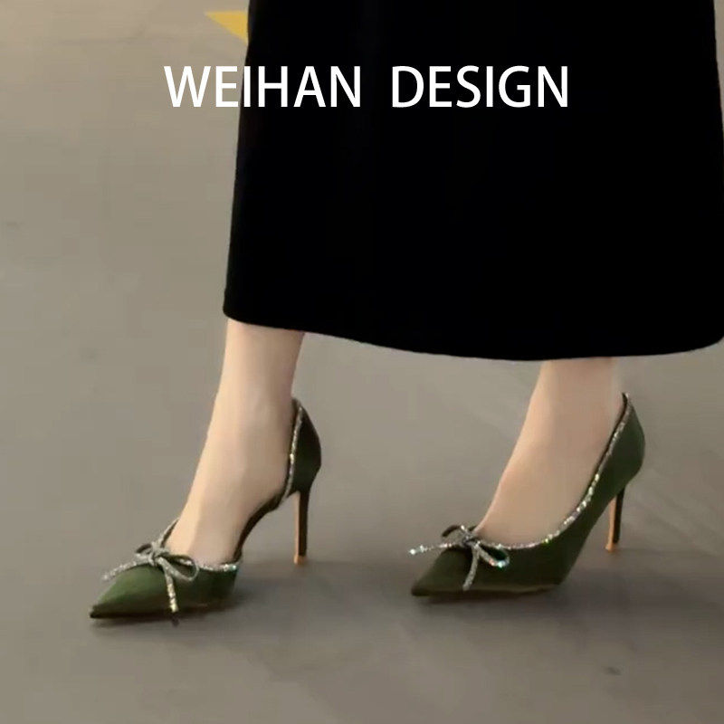 羊皮版！法式侧空水钻蝴蝶结单鞋女夏外穿配裙子浅口不累脚高跟鞋