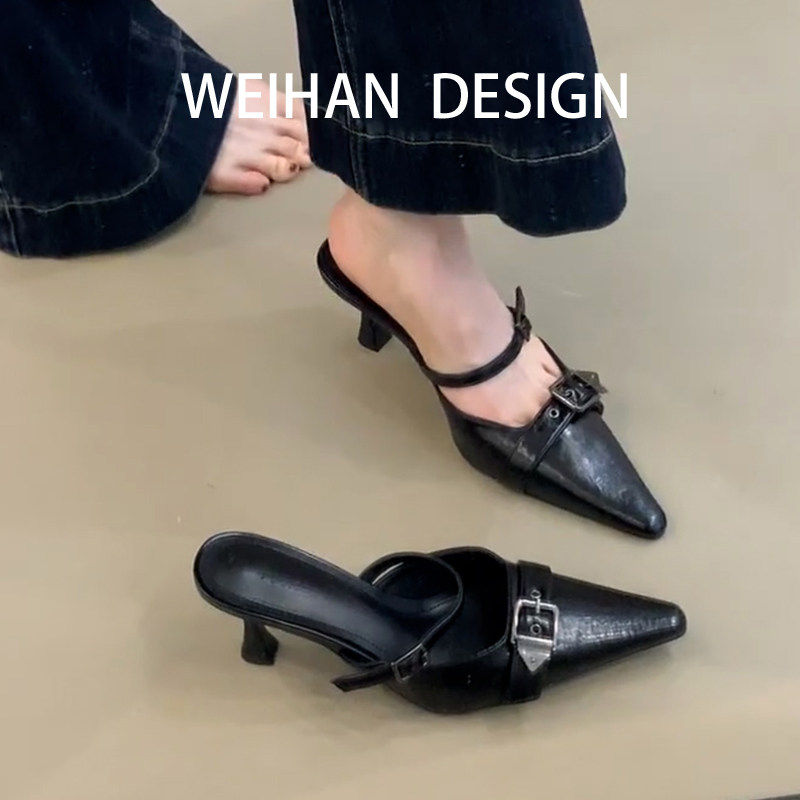 羊皮版！法式黑色尖头高跟鞋女夏外穿皮带扣一字带细跟包头半拖鞋