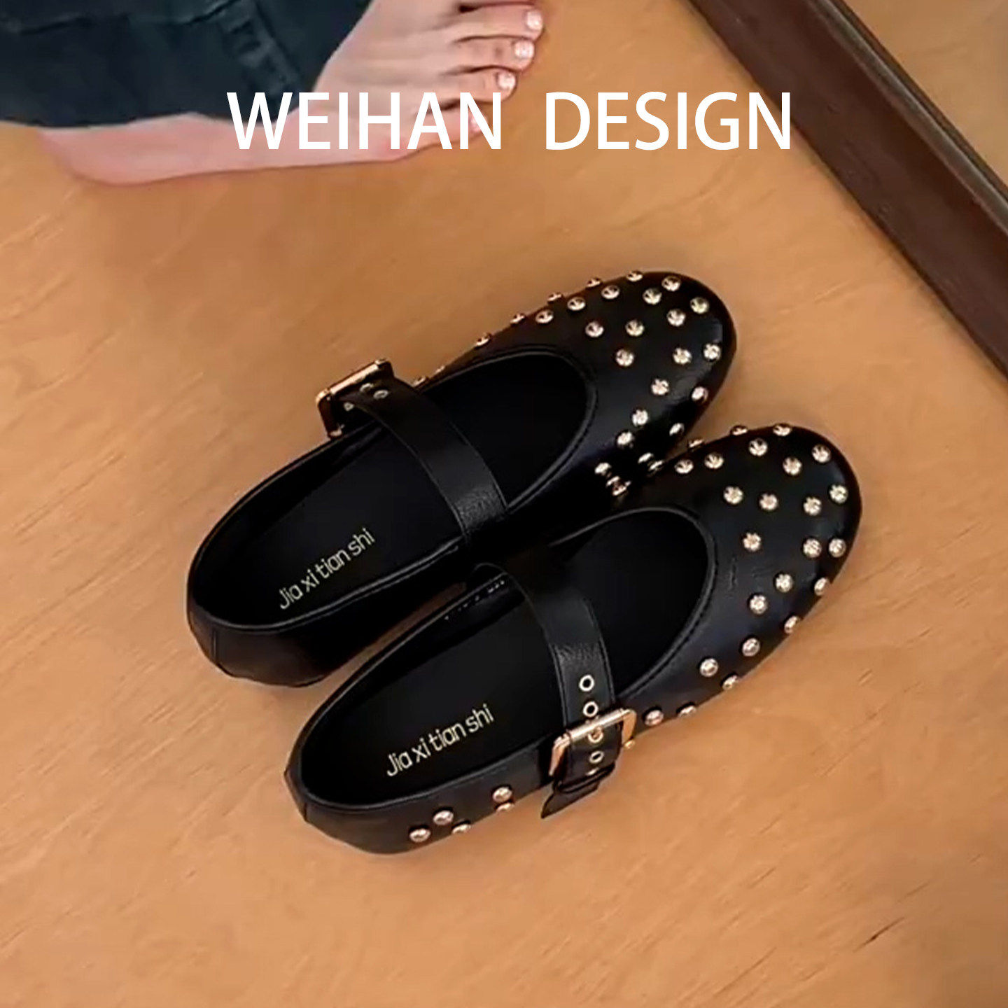 羊皮版！黑色铆钉芭蕾舞鞋女平底圆头小皮鞋皮带扣玛丽珍复古单鞋