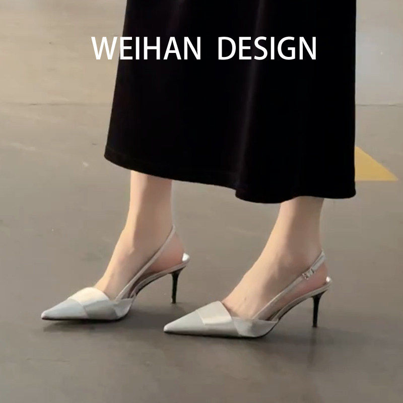 羊皮版！法式气质绸缎包头凉鞋女银色色细跟尖头一字带高跟鞋绝美