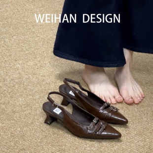 羊皮版！通勤风尖头细跟包头高跟鞋漆皮小猫跟凉鞋女名媛法式单鞋