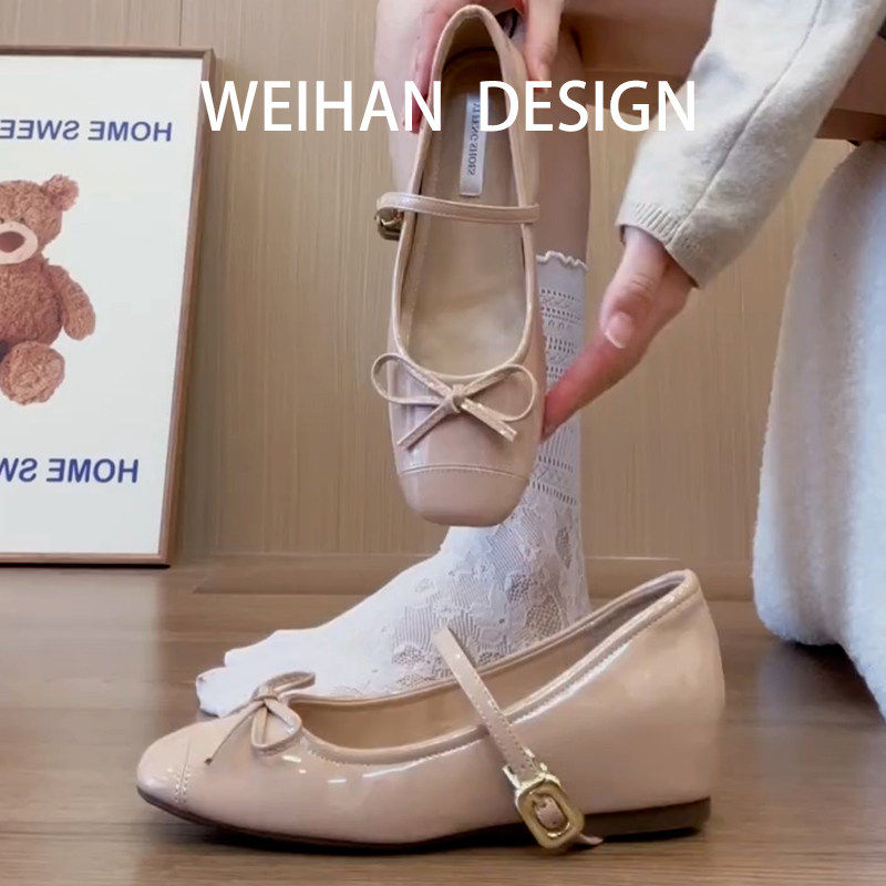 羊皮版~裸色内增高5CM玛丽珍鞋女一字带方头浅口平底晚风名媛单鞋