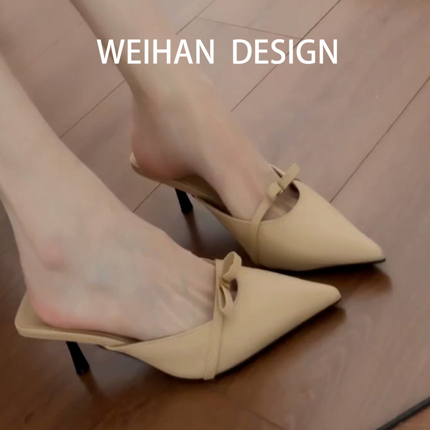 羊皮版！法式蝴蝶结尖头后空凉拖细跟中跟包头拖鞋浅口高跟半拖