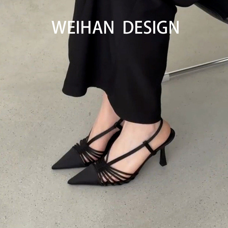 羊皮版！法式复古尖头高跟鞋女黑色镂空设计感细跟一字带包头凉鞋