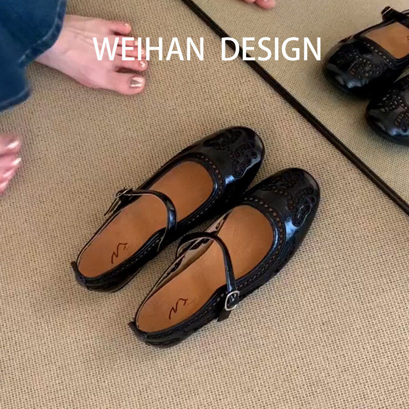 羊皮版!黑色圆头一字带浅口单鞋女巨好看显瘦百搭配裙子玛丽珍鞋