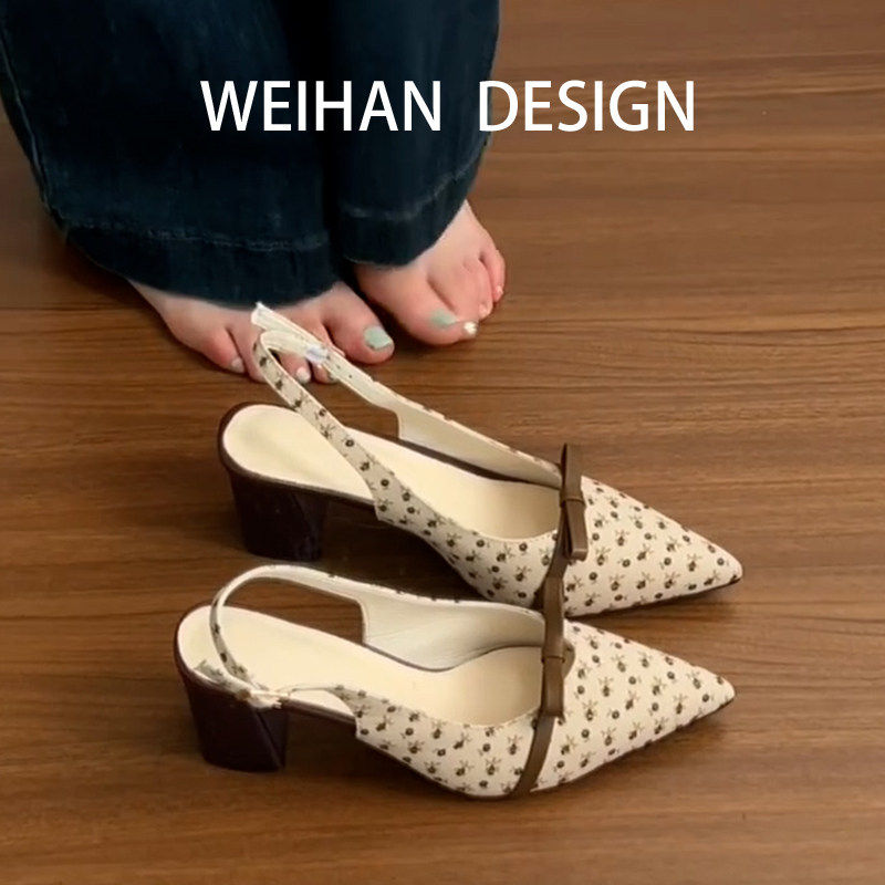 羊皮版！韩系尖头碎花粗跟凉鞋女配裙子后空蝴蝶结玛丽珍高跟鞋