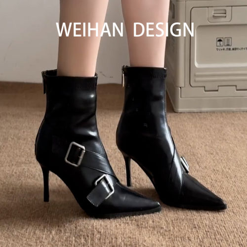 羊皮版！复古黑色细跟弹
