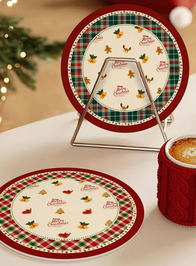 圣诞格纹圆形杯垫高颜值耐高温餐桌防烫隔热小餐垫家用台面保护垫