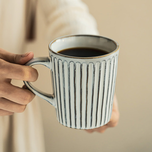 HOME 复古竖纹马克杯陶瓷杯子大容量水杯家用早餐牛奶杯咖啡杯