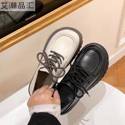 英伦小皮鞋女粗跟2023年白色学院风系带jk制服单鞋真皮厚底乐福鞋