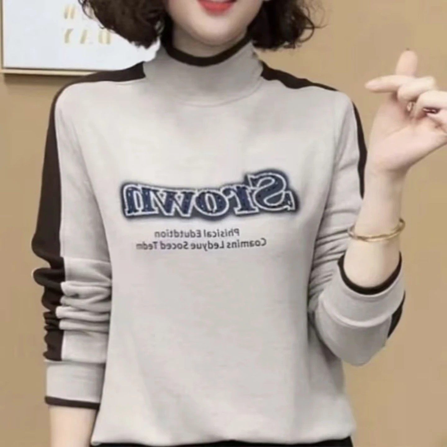 澜袖甄选字母打底衫2025秋冬季女士半高领卫衣双面绒烫钻保暖a04