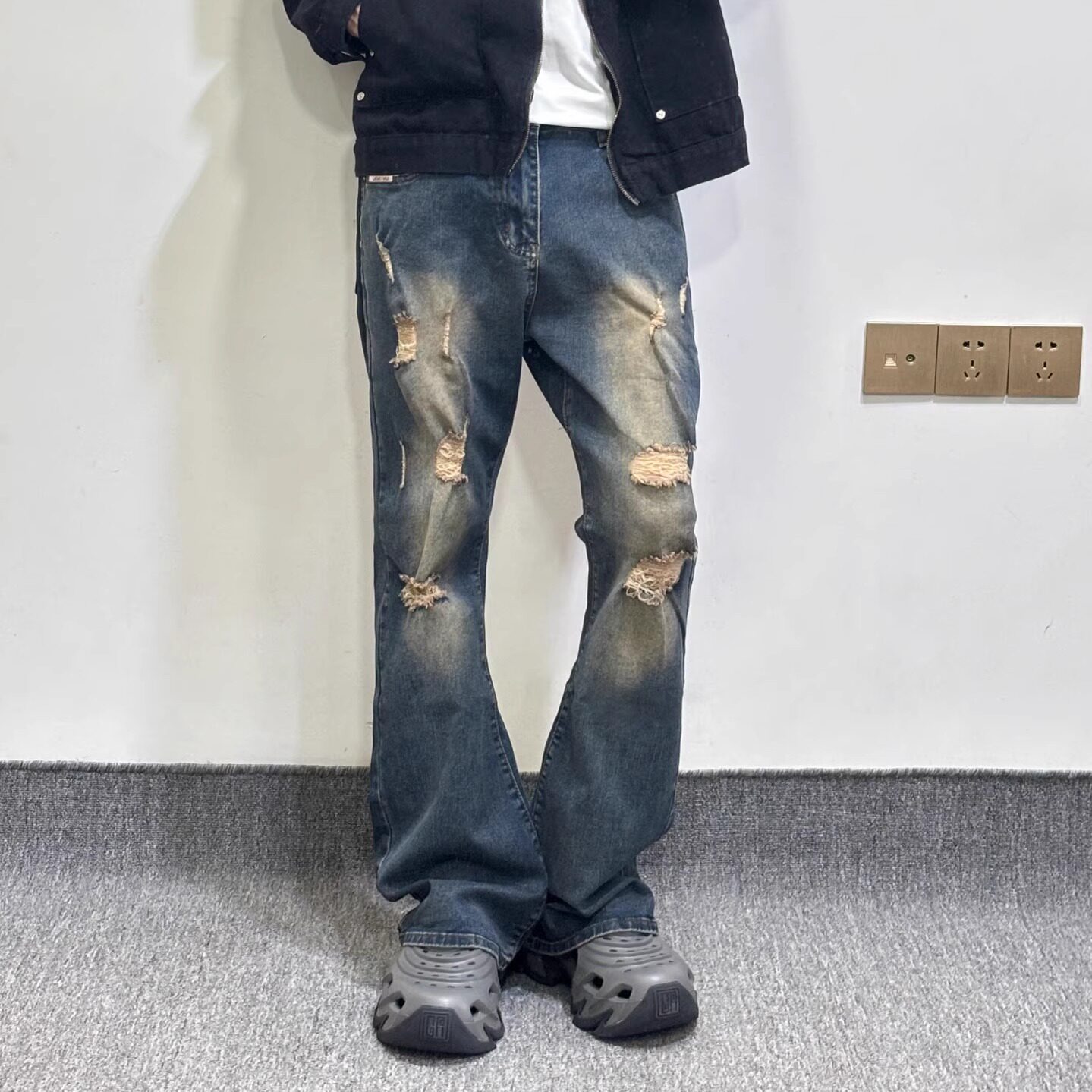 美式高街vibe风慵懒破洞牛仔裤男女同款直筒宽松秋冬潮牌阔腿裤子