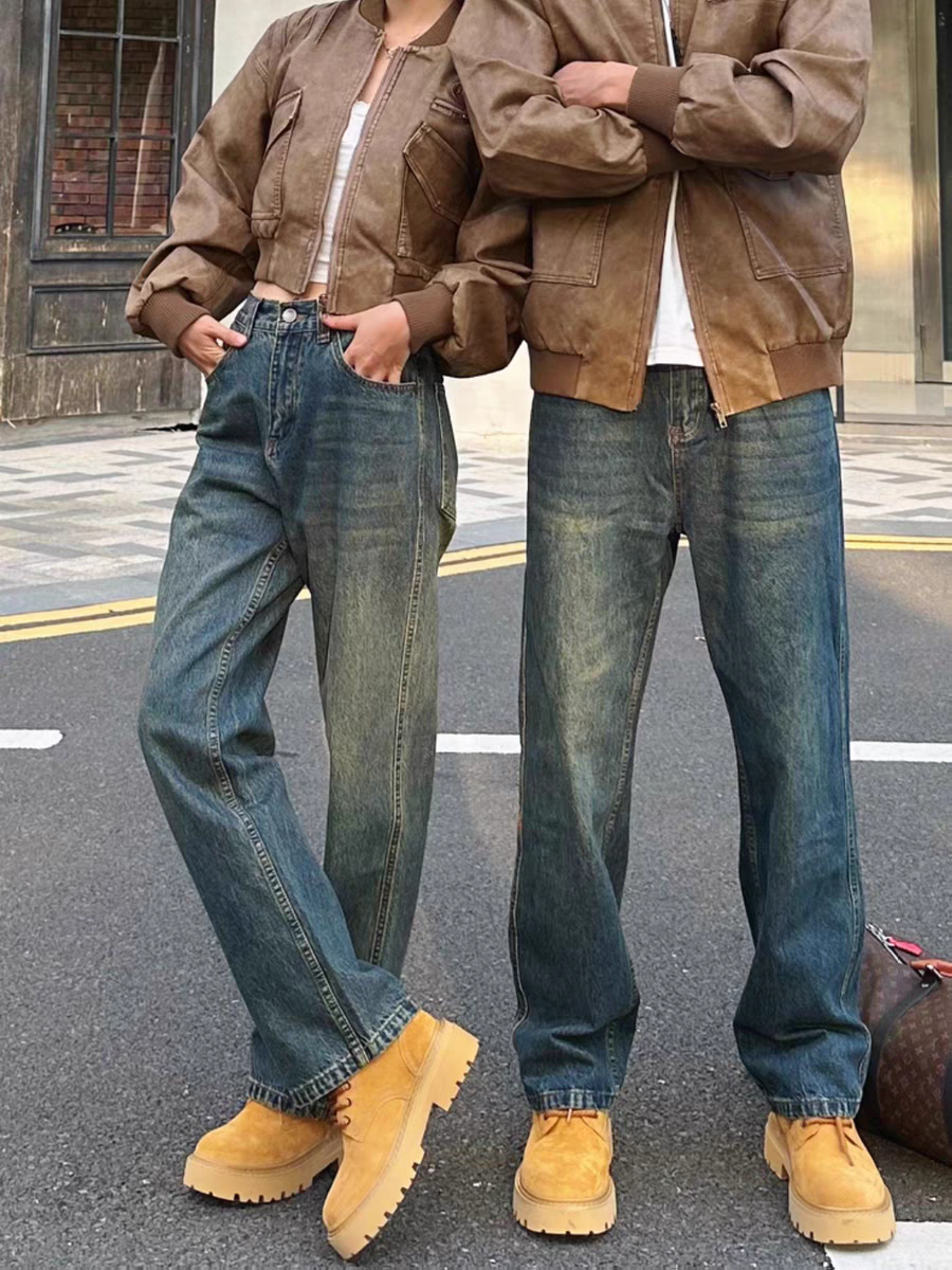 美式高街复古蓝水洗做旧情侣牛仔裤男潮牌宽松直筒休闲阔腿长裤夏