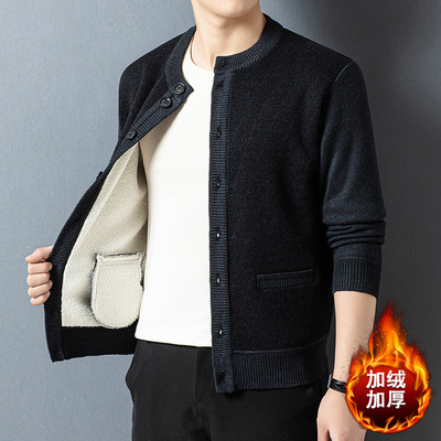 冬季爸爸装加绒加厚开衫毛衣中老年人针织羊羔毛外套爷爷保暖衣服