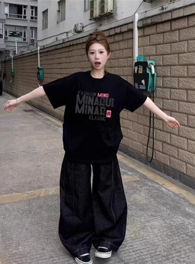 黑色纯棉美式高街潮牌短袖t恤女春夏宽松显瘦慵懒风设计感上衣服