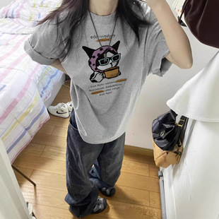 夏季短袖t恤女2026新款爆款纯棉灰色正肩设计感美式宽松半袖上衣