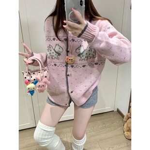 韩系软糯粉色2025秋冬新款休闲百搭费尔岛花纱小狗提花毛衣外套女