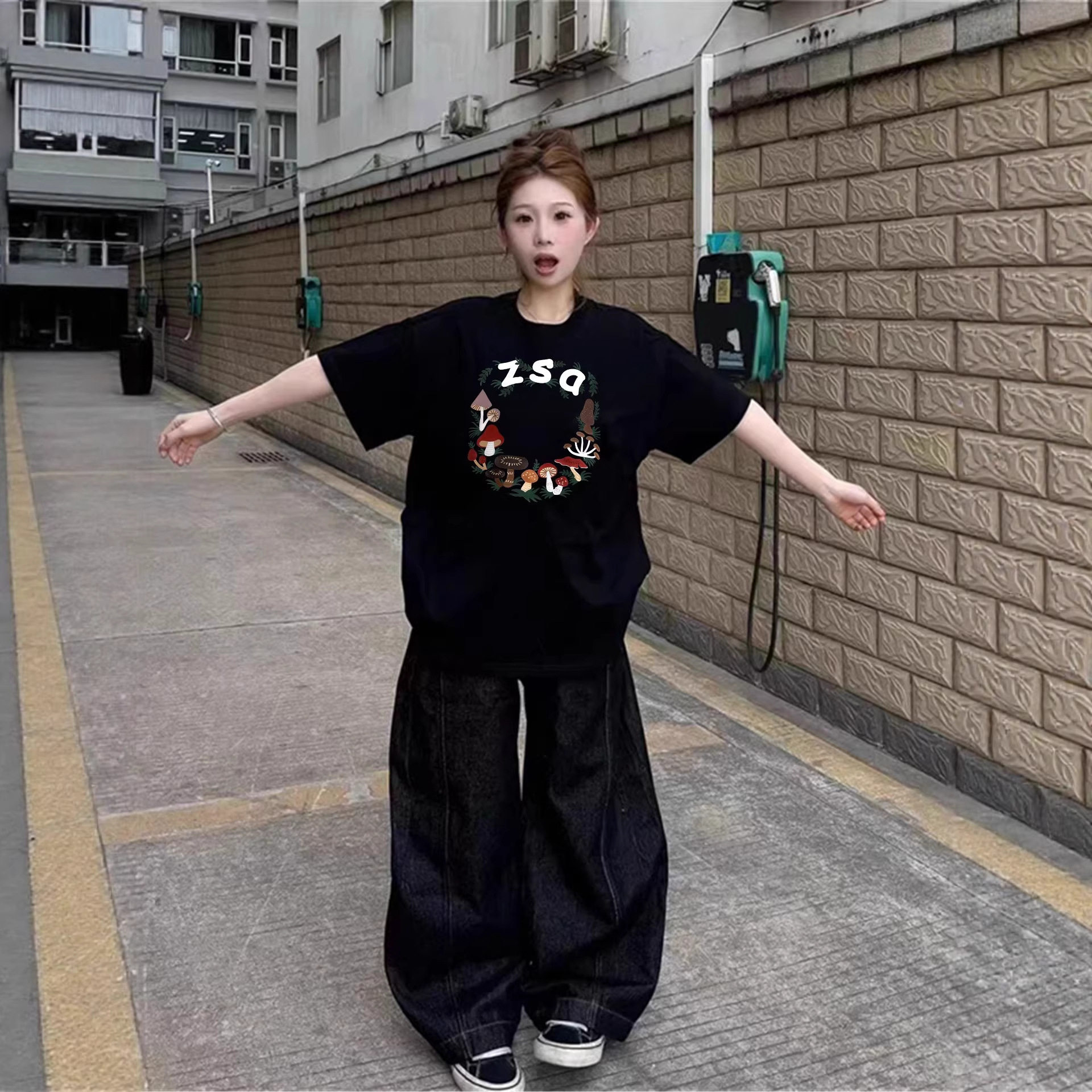 黑色2026新款爆款纯棉短袖t恤女夏季正肩设计感美式宽松半袖上衣