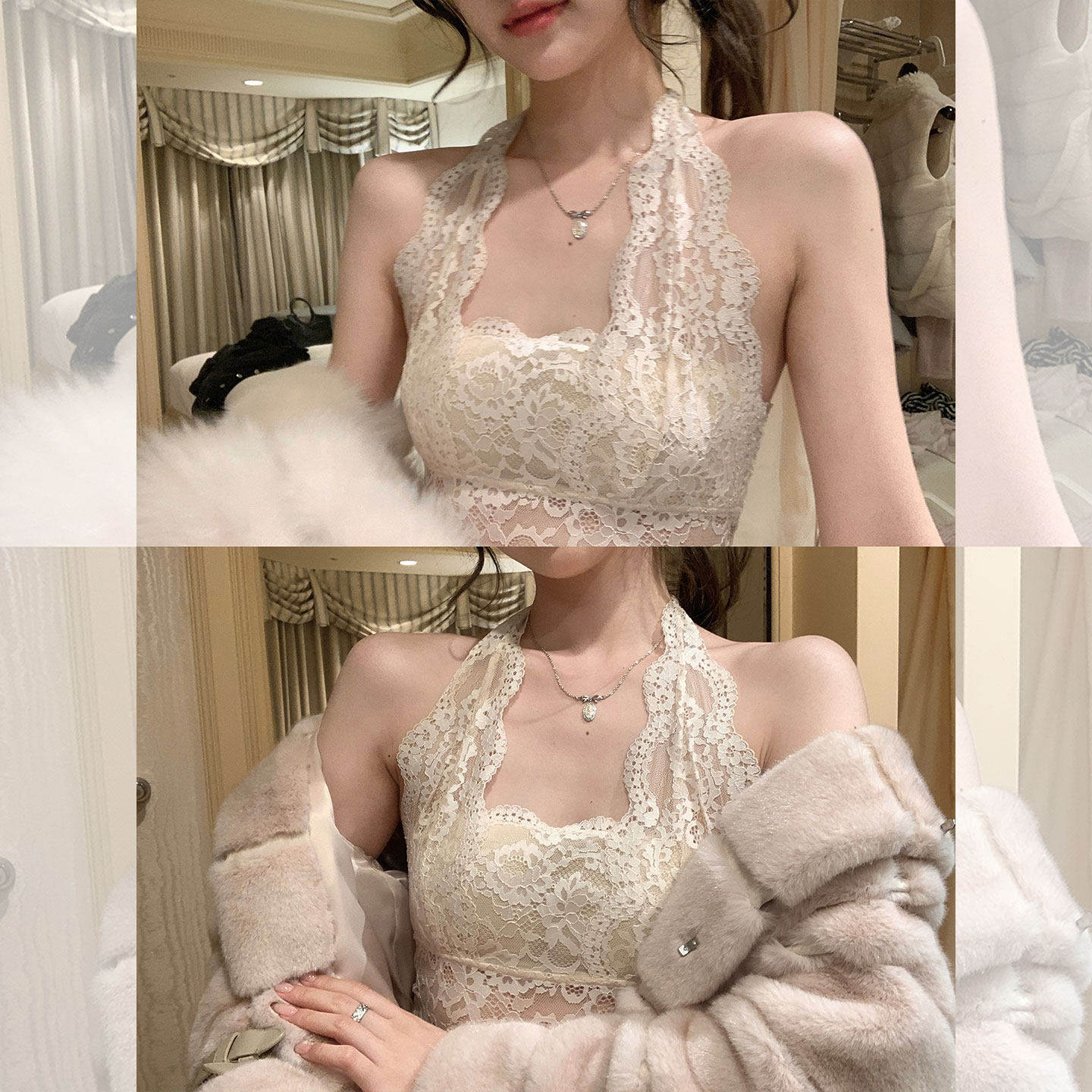 挂脖内衣蕾丝吊带背心女西装内搭打底带胸垫美背文胸一体露背上衣